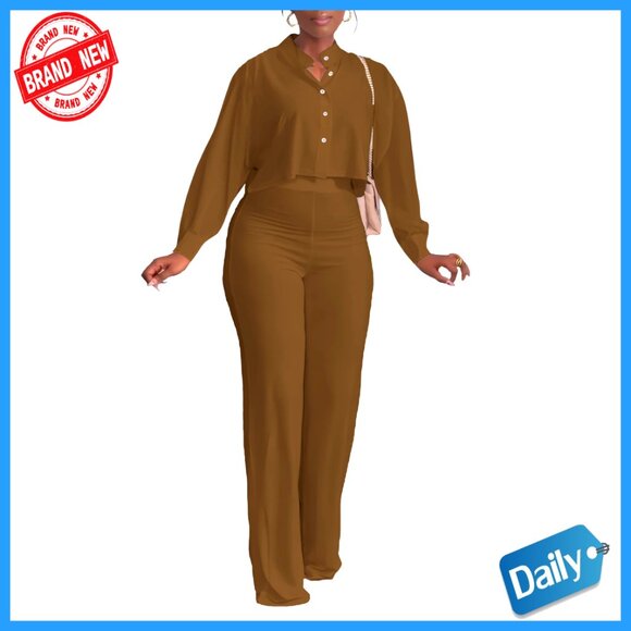 XXL 2-Piece Lounge Set Long Sleeve Crop Top Wide Leg Pants Polyester